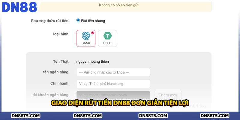Giao diện rút tiền DN88 đơn giản tiện lợi